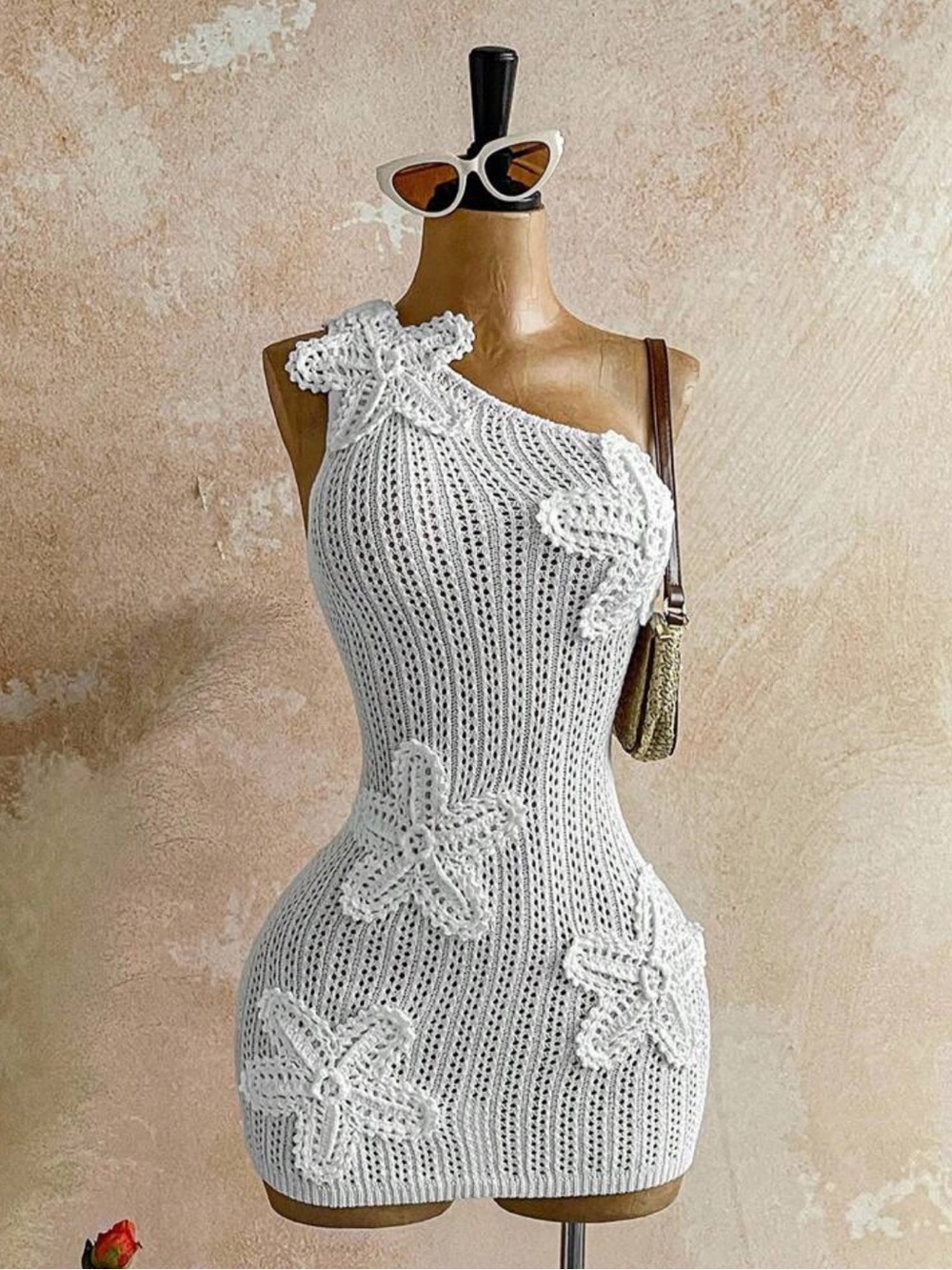 SHEIN White One-Shoulder Crochet Floral Mini Dress